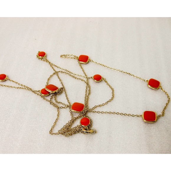 Long Coral Red Glass Bead double Strand Necklace , 32 Inch - Picture 8 of 9